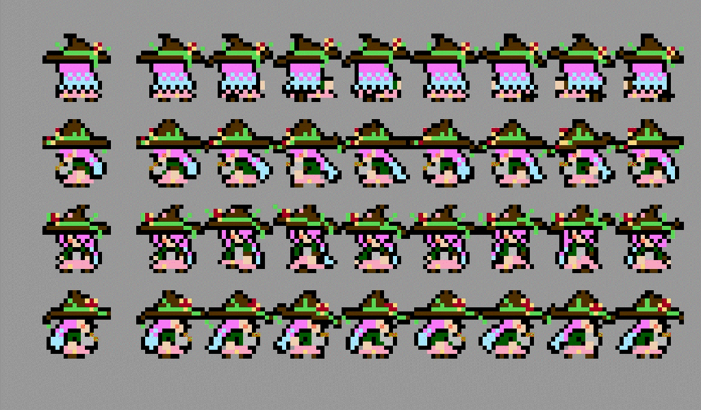 Four directional character walk cycles: 16x16 sprites, 8-bit pallet