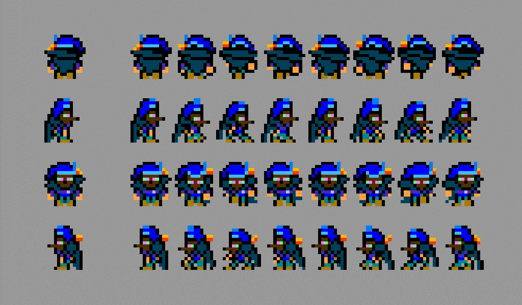 Four directional character walk cycles: 16x16 sprites, 8-bit pallet