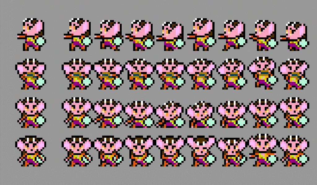 Four samples of character acting: 16x16 sprites, 8-bit pallet